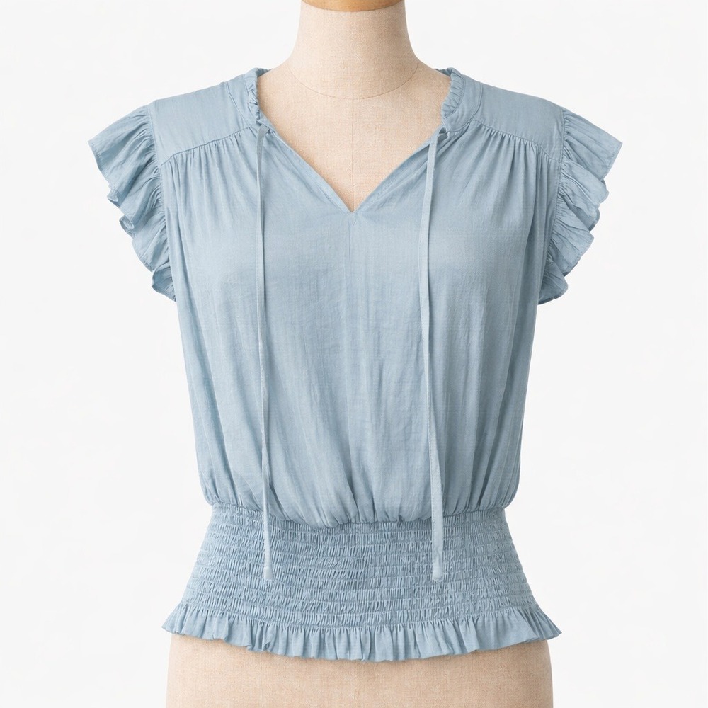 Preppy Satin Ruffle Peplum Top Size M Light Blue Smocked Coquette Romantic Twee